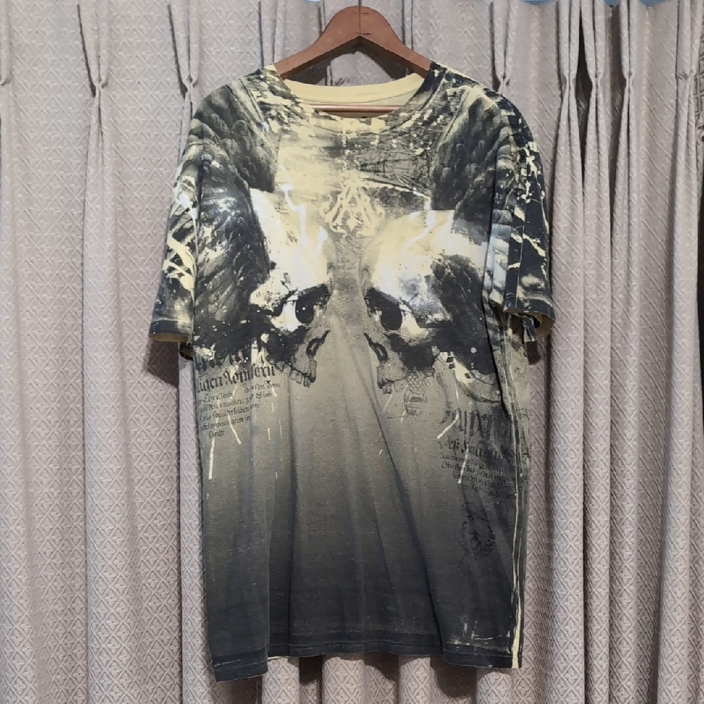 Men's Size XL Y2K Archaic Skull AOP All Over Yellow T-shirt